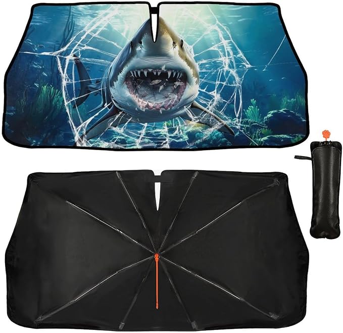 Shark Car Windshield Sun Shade Umbrella Bendable Handle Foldable Funny Sunshade for Car Windshield Block UV Rays Keep Vehicle Cool for Most Sedans SUV Trucks Cars 57"x30" - Image 3