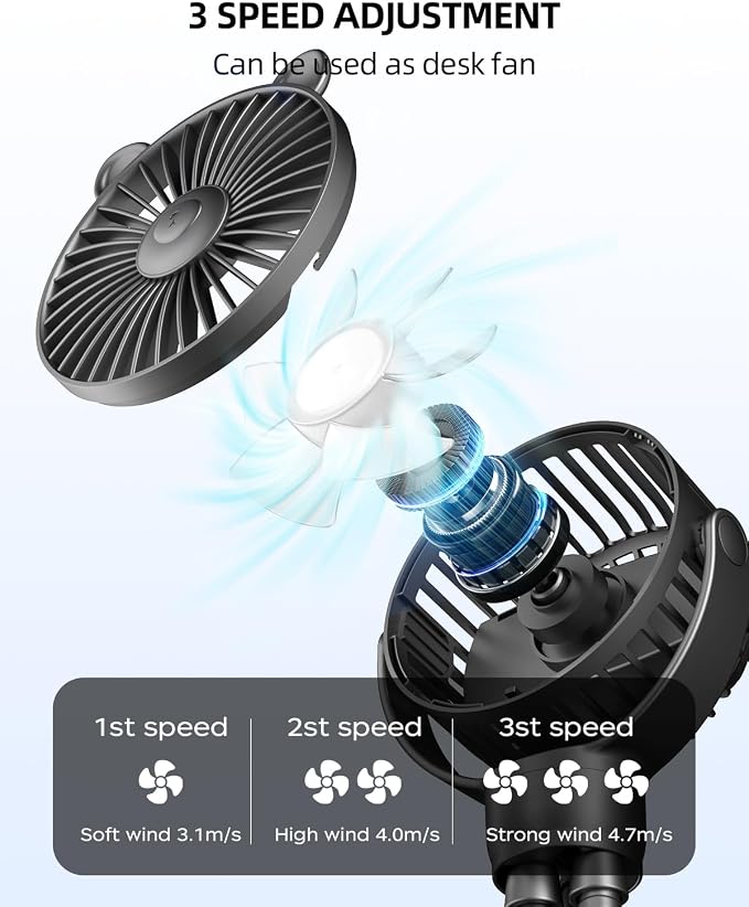 buywoo Portable Stroller Mini Fan, Small Rechargeable Personal Cooler w/ 360° Rotation, Baby Essentials for Car Seat, Crib, Bike, Treadmill, 3-Speed Battery Powered Stroller Accessories, Coal - Image 3