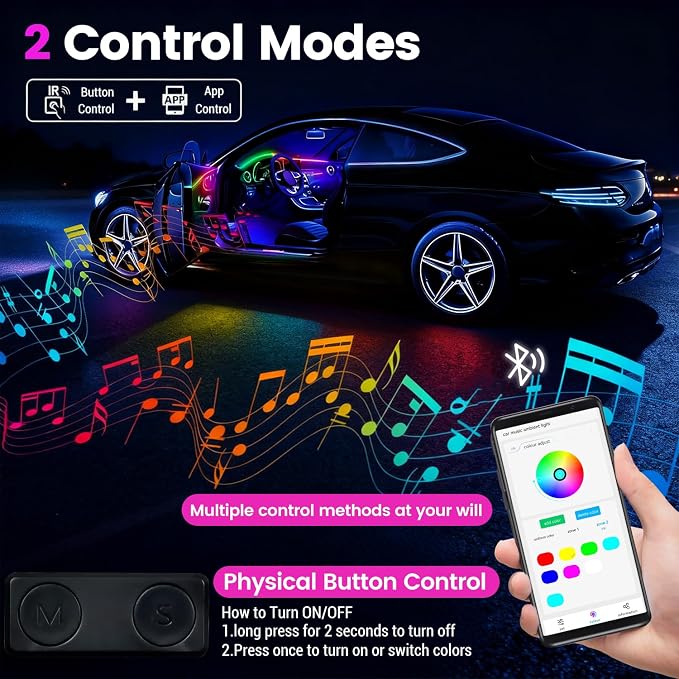 Dream Color Acrylic Interior Car Ambient Light Kit, Bphuny 30 in 1 593 LEDs Fiber Optic Multiple Modes Decoration Atmosphere Lights with Music Dynamic Rainbow Rhythm, RGB Neon Lights for All Cars - Image 2