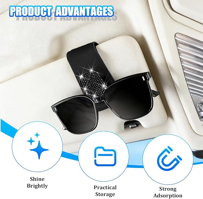 Bling Car Sun Visor Sunglasses Holder, Crystal Rhinestone Leather Visor Eyeglasses Ticket Card Mounter Clip, Shiny Diamond Auto Glasses Hanger Holder, Universal Fit (Black) - Image 3