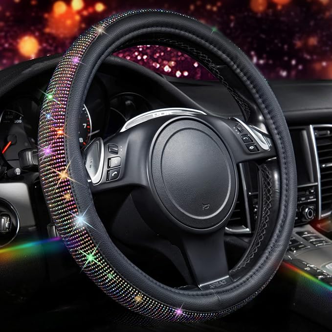 CAR PASS Diamond Leather Steering Wheel Cover, with Bling Crystal Rhinestones Fit Suvs,Vans,Sedans,Cars,Trucks Universal Fit 14.5-15inch Crystal Glitter for Women Sparkle Girl, Multicolor Diamond by CARPASS