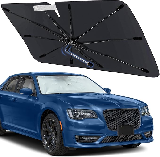 Windshield Sun Shade for Chrysler 300 2005-2023, Foldable Umbrella Sunshade | Custom Fit Car Sun Visor with 360° Rotating Shaft, UV Protection Heat Shield Sun Blocker Heat Reflector and Easy Storage by Visufy