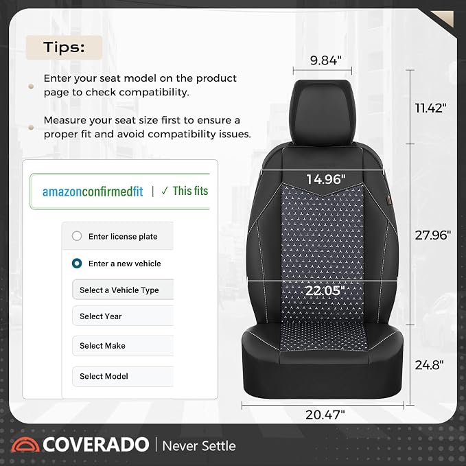 Coverado Front Seat Covers, Breathable Mesh & Leather Car Seat Protectors, Black Driver Seat Cover, Car Seat Cushions, Universal Automotive Seat Covers Fit for Most Sedans SUV Truck, Black - Image 6