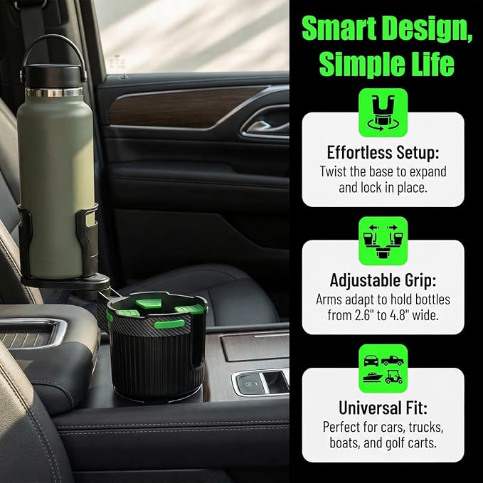 Car Cup Holder Expander, Expandable Arm Automotive Cup Holder Adapter with Adjustable Base, Vehicle Water Bottles Mugs Drinks Insert Adapter Extender, Universal Fit (Green) - Image 4