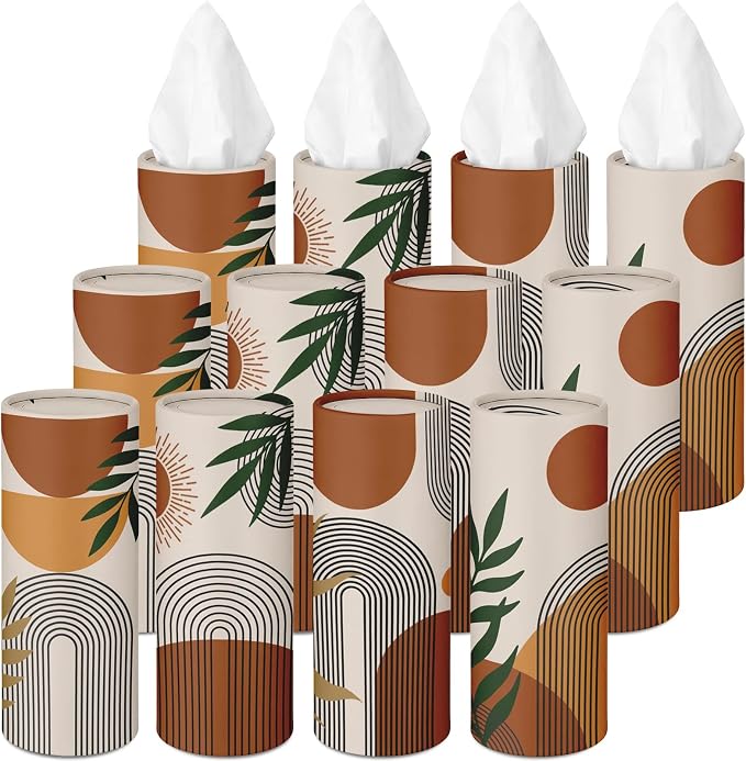 Arttown Car Tissue Holder for Cup Holder Facial Tissues 12 Pack Boho Modern | Bulk 3-Ply,Refillable Marble Print Cylinder Tissue Boxes,Fit Car Home Office School (600 Sheets Total,50 Sheets Each) by Arttown