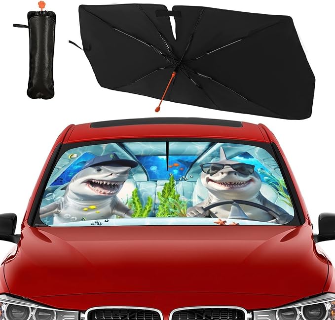 Socira Funny Sharks Car Windshield Sun Shade Umbrella Foldable Sunshade | for Front Window Auto Windshield Sunshade Covers Car Accessories Protect from Sun Rays Heat 57'' X 30'' - Image 9