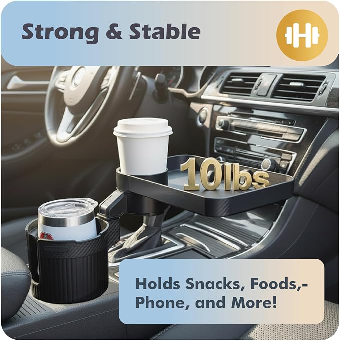OtterVerz 11 Car Cup Holder Tray, 3 in 1 Cup Holder Expander Adapter for Car, 360° Rotating 10.5" Car Food Tray Eating Table, Road Trip Essentials Fits Yeti, Hydro Flask 16-46 oz Large Water Bottles - Image 8