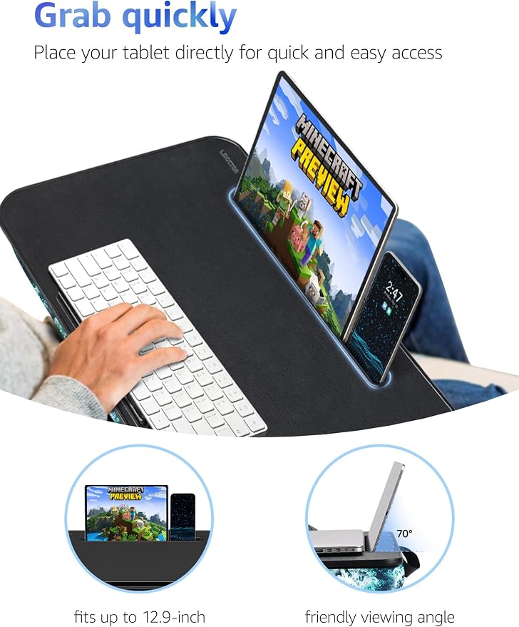 L.DOCTOR Cushioned Lap Desk, Large, Blue Waves | Portable for Bed, Couch & Floor, Washable Cushion, Built-in Phone & Tablet Slot, Fits 17.3" Laptop, Working, Writing, Gaming - Image 4