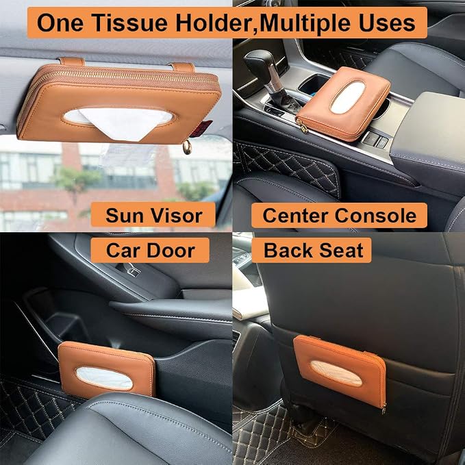 Car Tissue Holder, Sun Visor Tissue Holder, Car Visor Napkin Holder, PU Leather Backseat Tissue Case Holder for Auto Vehicle with Zipper (Brown) - Image 5