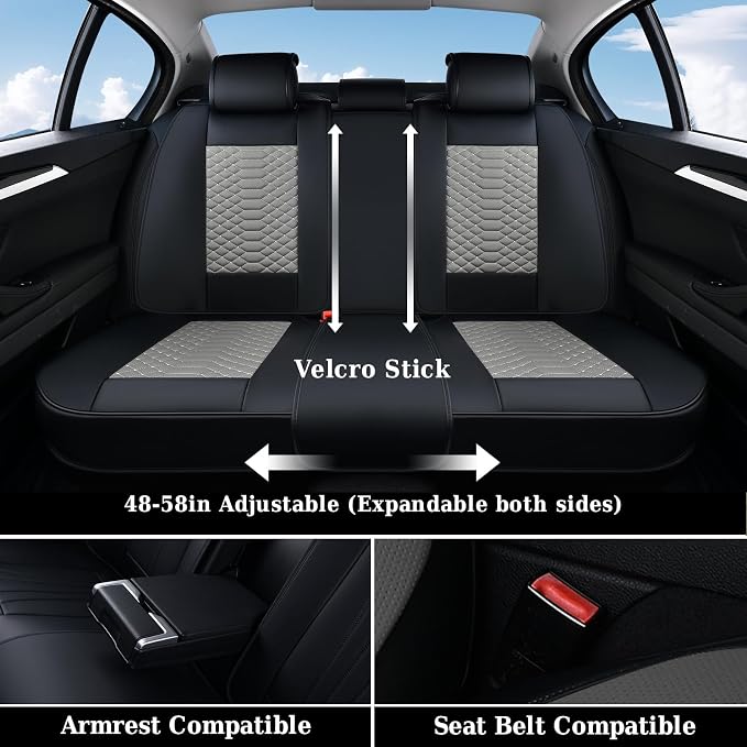Coverado Seat Covers Full Set, Waterproof Nappa Leather Seat Covers for Cars, 5 Seats Universal Car Seat Protectors, Black and Gray Automotive Seat Covers Car Seat Cushions Fit for Most Cars - Image 4