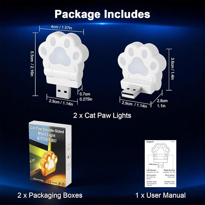 PIFOOG 2 Pcs Mini Car USB Night Light, Cat Paw RGB LED Interior Car Lights | 180° Foldable Dual-Sided Ambient Light, 7 Colors & Breathing, USB Decor Lamp for Car, Laptop & Bedroom, Gift for Cat Lovers - Image 8
