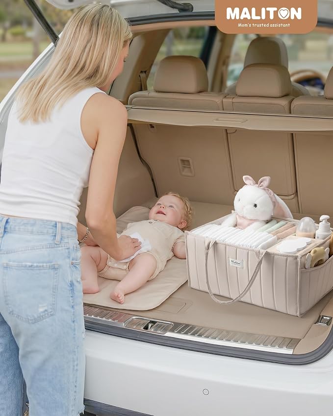 Maliton Baby Diaper Caddy Organizer with 2 Side Pockets, Portable, Beige | with Handle and Removable Dividers, Nursery Storage Basket, Car Organizer for Diapers & Wipes. Boy & Girl Shower Gift - Image 7