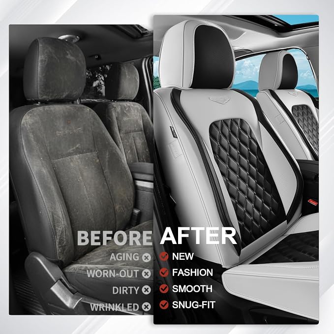 Coverado Car Seat Covers Front Seats, Luxury Stain-Resistant Waterproof Faux Leather Full Set with Rear Protectors, Elegant Easy-Clean Automotive Interior – WhiteBlack - Image 4