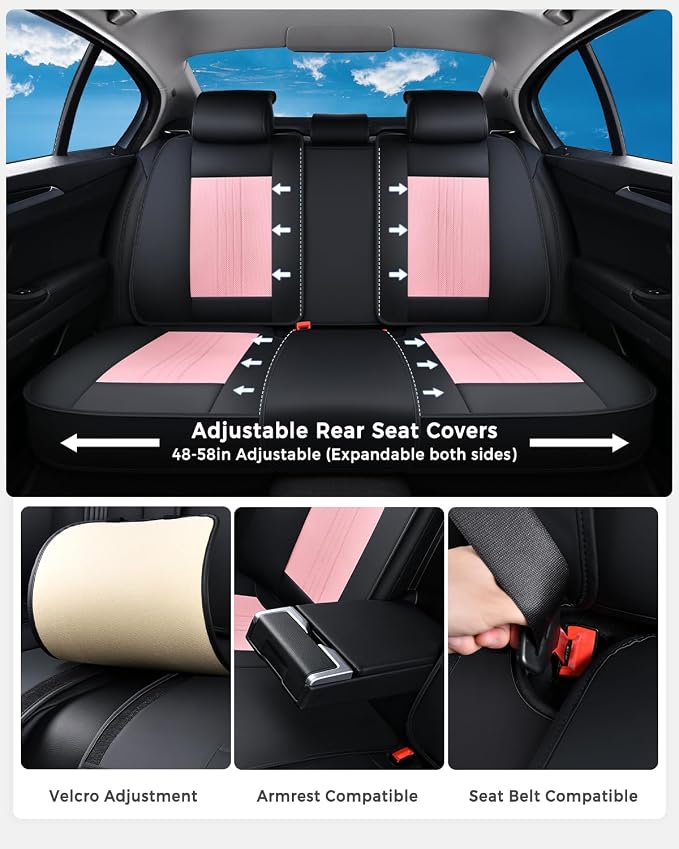 Huidasource Seat Covers Full Set, Luxury Faux Leather Seat Covers, Velcro Adjustable, with Airbags, Thinning Design Perforation Cooling＆Heating Universal Fit for Most Cars Vans Trucks SUVs, Black&Pink - Image 3