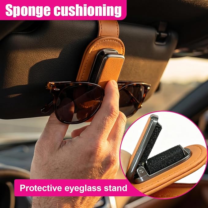 Car Sunglass Holder, Leather Car Sun Visor Eyeglasses Clip with Anti-Scratch Soft Padding, One-Handed Operation Auto Interior Glasses Organizer for Most Cars, Trucks, SUVs (Orange) - Image 5