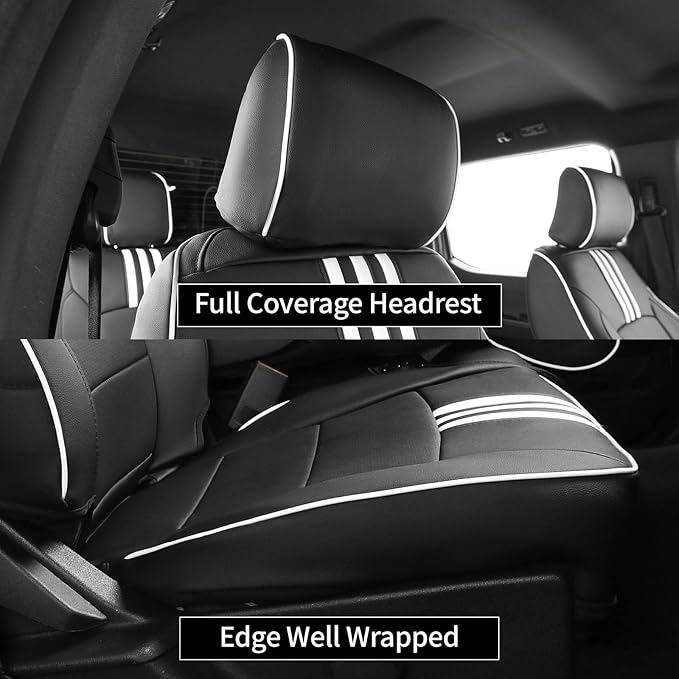 EKR F150 Seat Covers Custom Fit for (2 Door,SuperCab/Extended Cab) 2015-2020 Ford F150 XL/XLT/Lariat & 2017-2022 F250/F350 SuperDuty XL/XLT/Lariat Full Set-Faux Leather(Black with White Trim) - Image 3