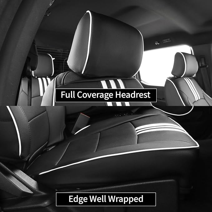 EKR F150 Seat Covers Custom Fit for (SuperCab) Ford F-150 STX 2024-2026 & F150 XL/XLT 2021-2026 & Lariat 2021-2022 Full Set,(2 Door,Rear W/NO Armrest) -Faux Leather(Black with White Trim) - Image 3