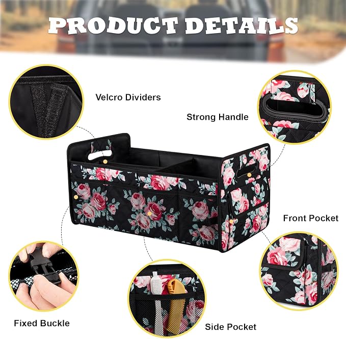 Car Trunk Organizer, Collapsible Car Organizers and Storage Black Floral | Sturdy, Large Capacity, Clean Decor, Multi Compartment Container Box, Adjustable Car Accessories for SUV Sedan Truck - Image 2