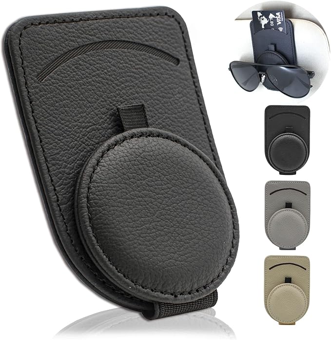 Sunglass Holder for Car Visor, Magnet Adsorbed Sunglasses Holder for Car Accessories Parts, Leather Car Sunglass Holder, Car Visor Sunglasses Clip for Glasses Cards (1PCS, Black) by Sufilux