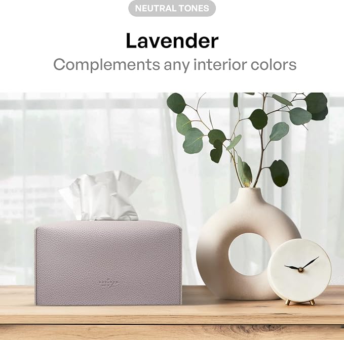 Carrotez Tissue Box Cover, [Refined] Modern PU Leather Rectangular Tissue Box Holder - Decorative Holder/Organizer for Bathroom Vanity Countertop, Night Stands, Office Desk 9.5"X5"X5" - Lavender - Image 3