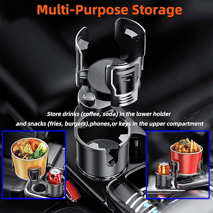 2-in-1 Adjustable Car Cup Holder Expander & Organizer – Dual Automotive Drink Holder for Bottles, Snacks, Phones – Fits Most Vehicles (3.0"-5.9" Diameter, 20 oz Capacity, Non-Slip Base) Black - Image 4