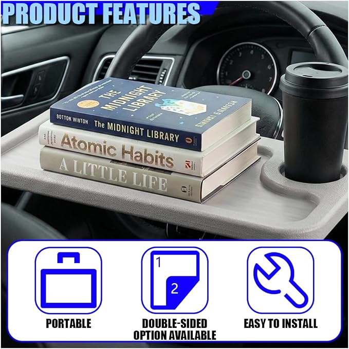 Car Steering Wheel Desk, 2 in 1 Multipurpose Auto Steering Wheel Tray with Drink Holder and Pen Slot, Portable Vehicle Computer Office Table Travel Accessories for Laptop, Food (Gray) - Image 4