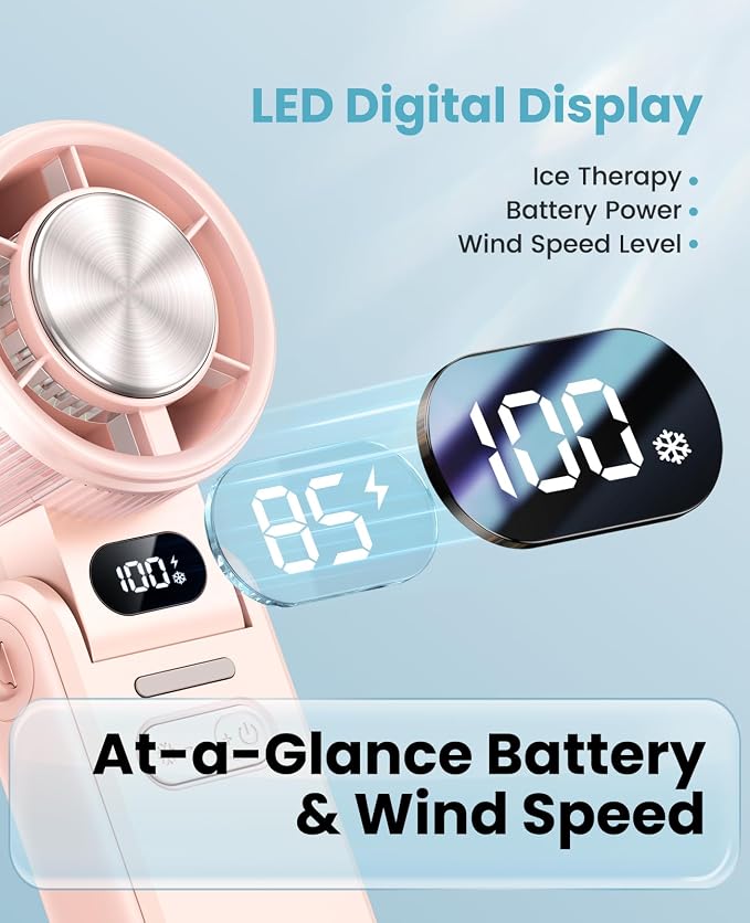 DIGIX Portable Handheld Turbo Fan with Ice Cooling, Rechargeable Personal Fan, Up to 15Hrs Cooling, 100 Speeds 25000RPM Powerful Portable Fan for Travel Outdoor,120° Adjustable, LED Display (Pink) - Image 7