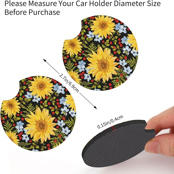 Steering Wheel Cover Sunflower Car Accessories + 2 Pieces Coasters | Universal 14-15 Inch Neoprene Auto Interior Decor Anti Slip Car Protector for Women Men - Image 5