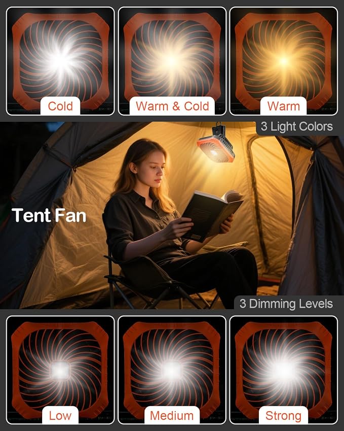 Odoland Portable Camping Fan with LED Lantern, 40H Rechargeable Battery Fan | Quiet Tent Fan with Hanging Hook for RV Car Beach Outdoor Hurricane Emergency Outages, 4-Speed Wind & 3-Color Light - Image 5