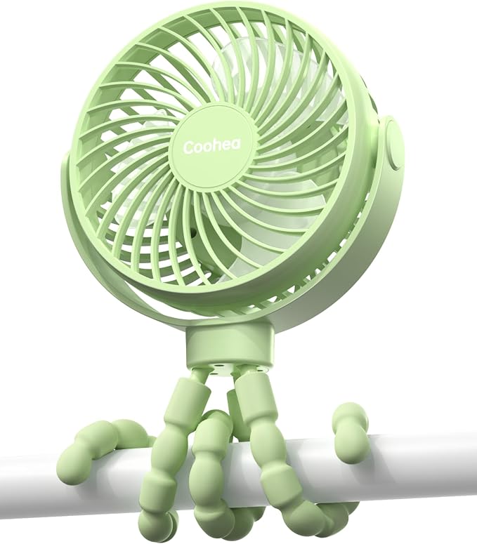 Coohea Clip on Stroller Fan, Rechargeable Long-Lasting Power Wind Fan | 4000mAh Battery Operated, 360° Rotatable Flexible Tripod, 3 Adjustable Speed, Portable Fan for Car Crib Backseat Beach Travel by Coohea