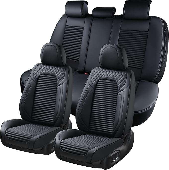 Coverado Car Seat Covers, Waterproof Nappa Leather Seat Cushion for Cars 5 Seats, Front and Rear Automotive Seat Cover Car Accessories, Universal Fit for Most Cars SUV Trucks, Full Set, Black by COVERADOAUTO