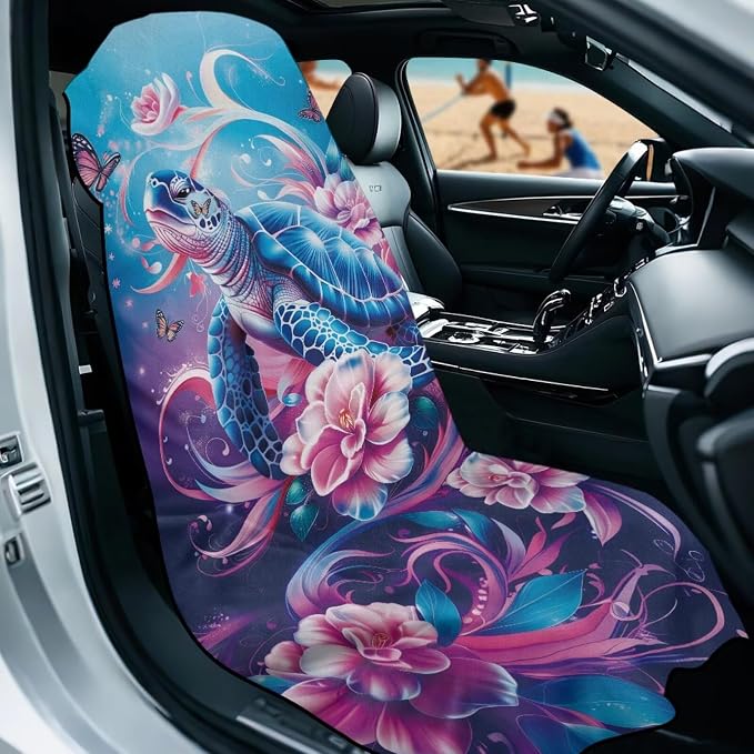 Sea Turtle Floral Car Seat Towel with Storage Bag Sweat Auto Interior Seat Protector Animal Sea Turtle Car Interior Accessories Driver Seat Cushion Towel Cover Automotive Seat Cushion Pads - Image 2