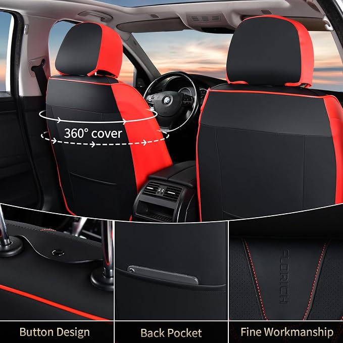 FLORICH Car Seat Covers Front Seats Luxury Faux Leather Waterproof Seat Covers Car Seat Protector Automotive Seat Covers Cushion Universal Fit for Most Cars SUV Trucks, Black&Red - Image 2