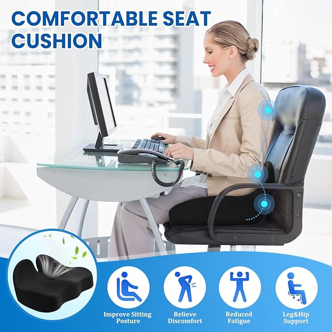CushZone Ergonomic Seat Cushion, Sciatica Support for Office Chair, Black | Large Size for Sciatica & Hip & Tailbone Pain Relief, Memory Foam Office Chair Cushion for Car, Long Trip, Desk Chair, Lab - Image 4