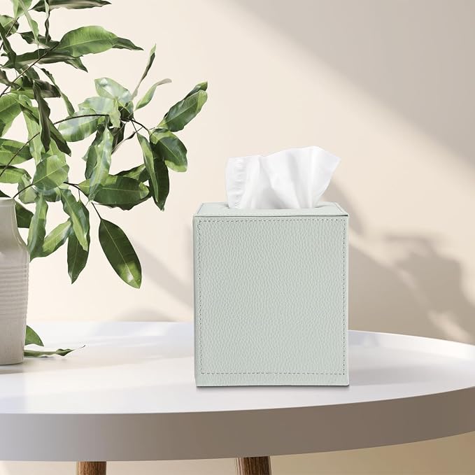 Sumnacon Tissue Box Cover Square,Magnetic Bottom PU Tissue Box Holder,Green | Stylish Cube Leather Tissue Cover,Lychee Pattern, Decorative Tissue Box Covers for Living Room Bathroom Table Desk Office Car - Image 2