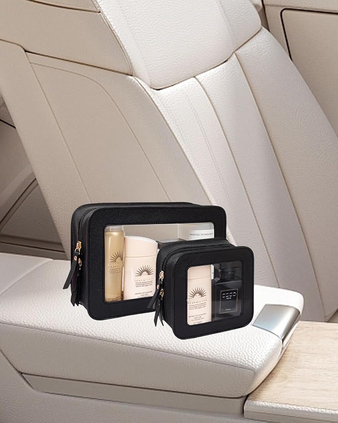 2 Pcs Travel Clear Makeup Bag Set, Clear Black Makeup Organizer with Zipper Leather Travel Bags for Toiletries Small Cosmetic Bags for Women Mini Make up Pouch Toiletry Bags Car Essentials - Image 6