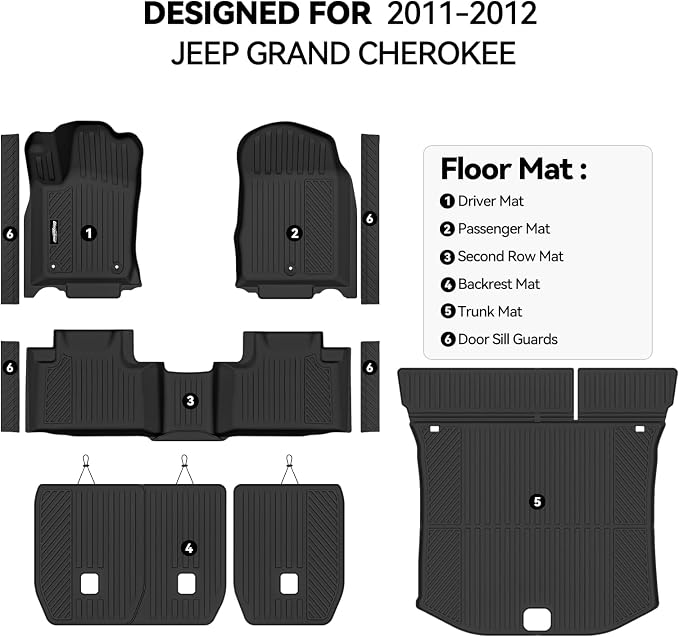 Floor Mats for 2011-2012 Jeep Grand Cherokee Accessories | Trunk Mat and Backrest Mat & Door Sill Guard All Weather TPE Protector Odorless Full Set Interior Floor Liners - Image 2