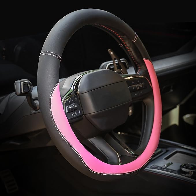 Microfiber Leather Steering Wheel Cover Large-Size for F150 F250 F350 Ram 4Runner Tacoma Tundra Range Rover Model S X with 15 1/2 inches-16 inches Outer Diameter Pink by Valleycomfy