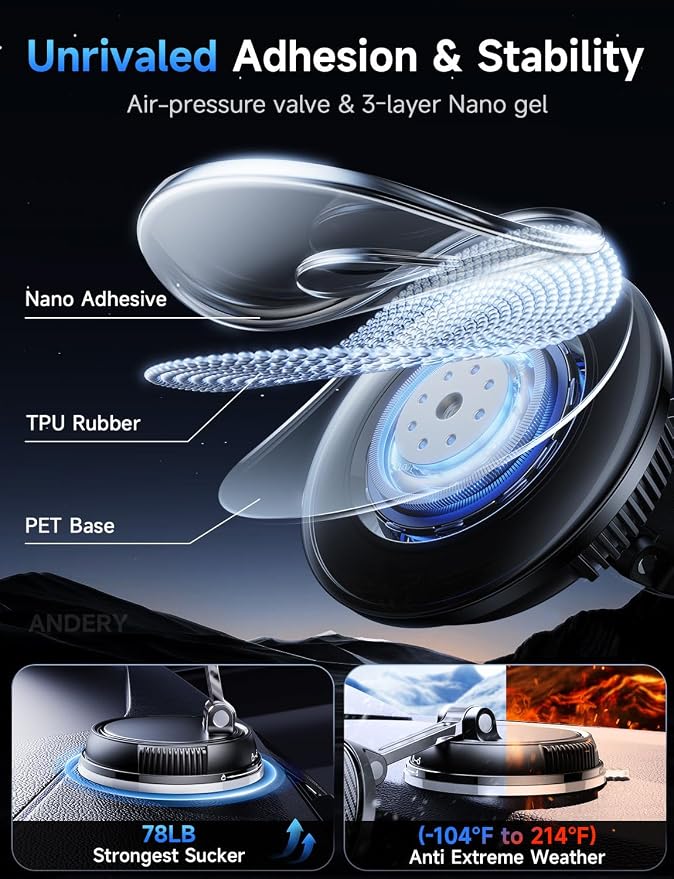ANDERY Only for iPhone Magsafe Car Mount Charger, 15W Fast Wireless Charge | [78+LBS Strong Suction & 2400gf Magnetic] 360° Adjustable Car Mount Phone Holder, Car Interior Accessory with Dashboard Pad - Image 4