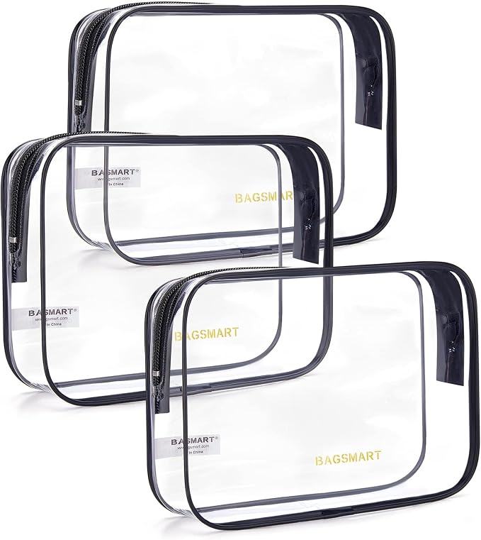 BAGSMART Clear Toiletry Bag 3-Pack TSA Approved Water-Repellent, Black | Carry on Travel Accessories Bag, Airport Airline Quart Size Bags for Women Men, Makeup Cosmetic Bag by BAGSMART