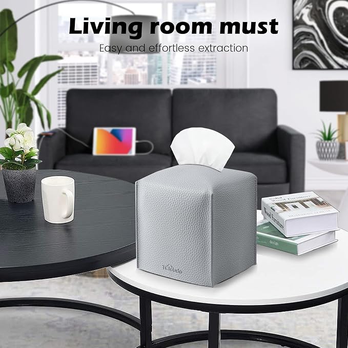 Tissue Box Cover, Tclouda, Modern PU Leather Square Tissue Box Holder for Creative Decorative, 2 Pack, Ideal for Bathrooms/Office/Car/Nightstand/Outdoor Tent/Dining Table, 5"X5"X5", Double Gray - Image 3