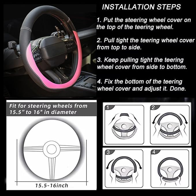 Microfiber Leather Steering Wheel Cover Large-Size for F150 F250 F350 Ram 4Runner Tacoma Tundra Range Rover Model S X with 15 1/2 inches-16 inches Outer Diameter Pink - Image 7