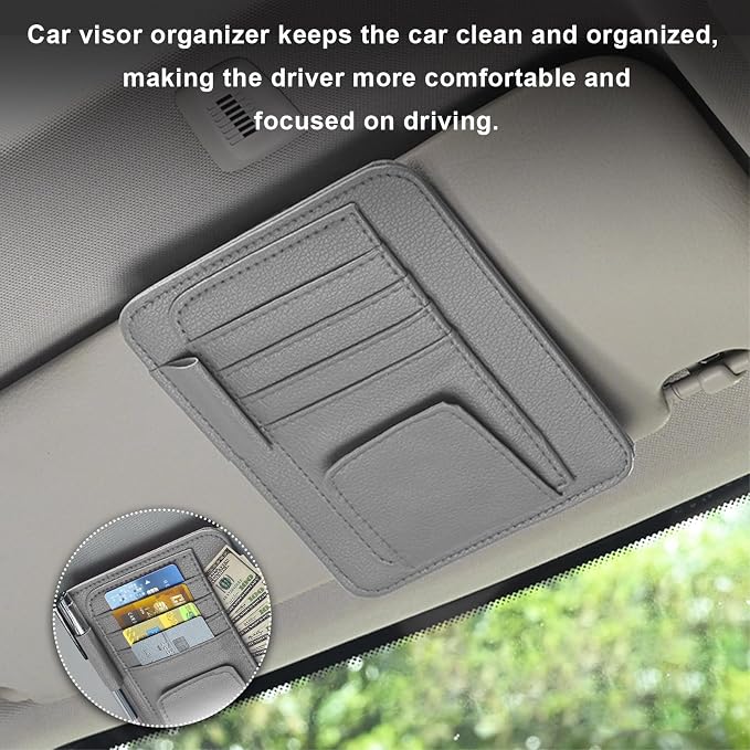 Dickno 2PCS Small Leather Car Sun Visor Organizer, Multifunctional Auto Visor Document Holder with Sunglasses Clip, Universal Car Interior Organizer for Drving License, Card, Pen (Black+Gray) - Image 4