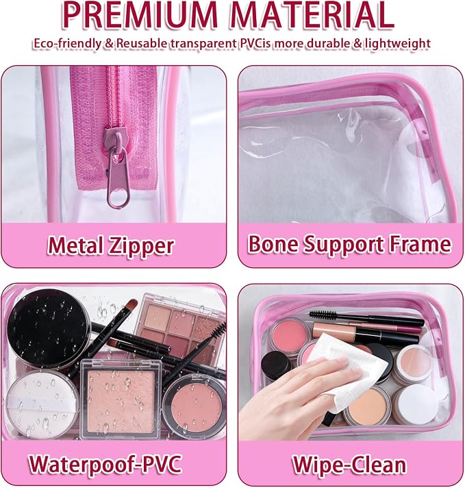 12 Pieces Clear Makeup Bags Bulk, TSA Approved Toiletry Bag Cosmetic Toiletries Pouch with Zipper, Waterproof Vinyl Plastic Organizer Case for Carry-on Travel Essentials (Pink Medium) - Image 3