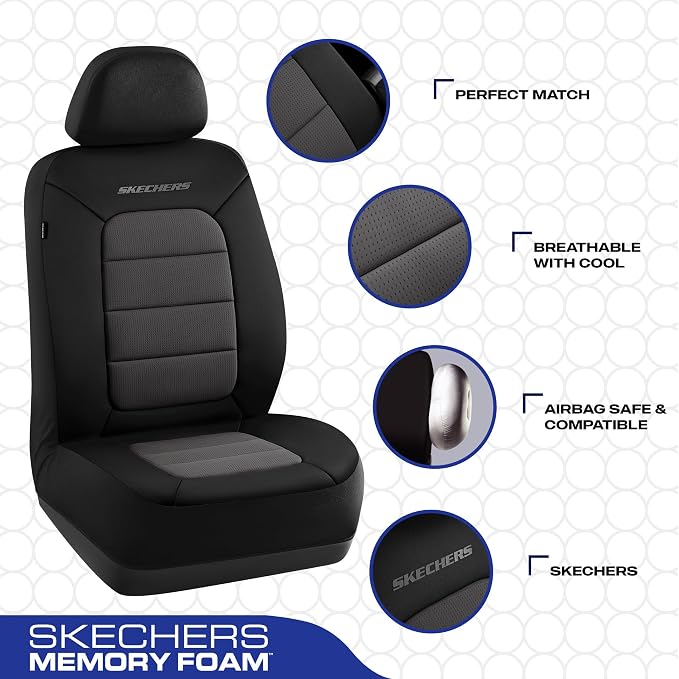 Skechers Memory Foam Seat Covers,Thick Cool Touch Fabric Seat Covers,Front Seat Covers Airbag Compatible,Automotive Comfort Protection for Most Cars,Vans,Trucks,SUV,Floor Grey - Image 3