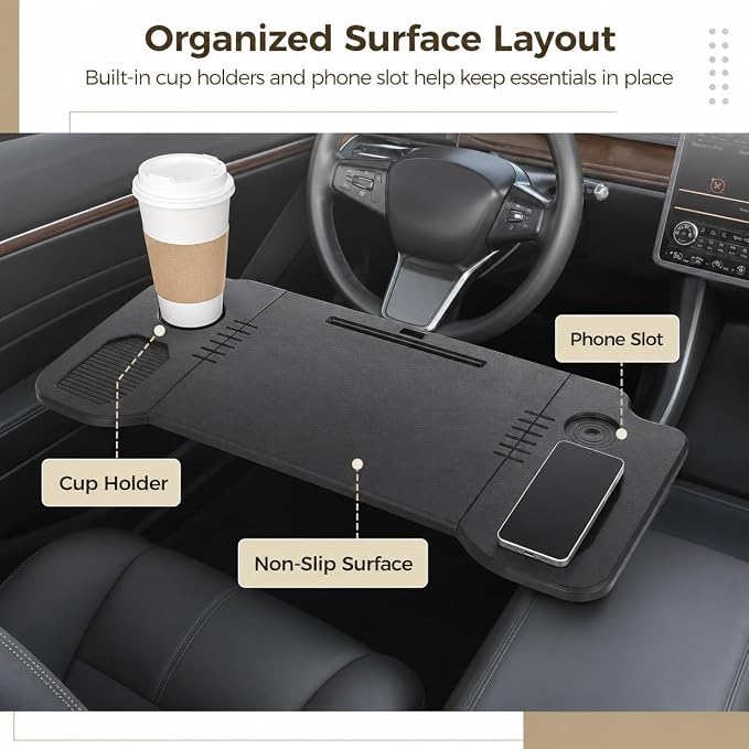 Foldable Car Desk Tray, Expandable Steering Wheel Table | Expandable car desk opens into a wider tabletop for laptop work or meals; with phone slot, cup holders and textured surface - Image 6