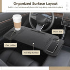 Foldable Car Desk Tray, Expandable Steering Wheel Table | Expandable car desk opens into a wider tabletop for laptop work or meals; with phone slot, cup holders and textured surface - Image 6