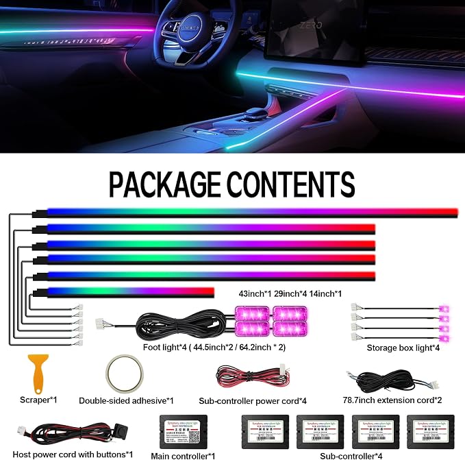 Dreamcolor Acrylic Interior Car LED Strip Light with Wireless APP Control, RGB 14-in-1 Ambient Lighting Kit with Music Sync, Dynamic Color Chasing Neon Light Kits for Car Interior - Image 4