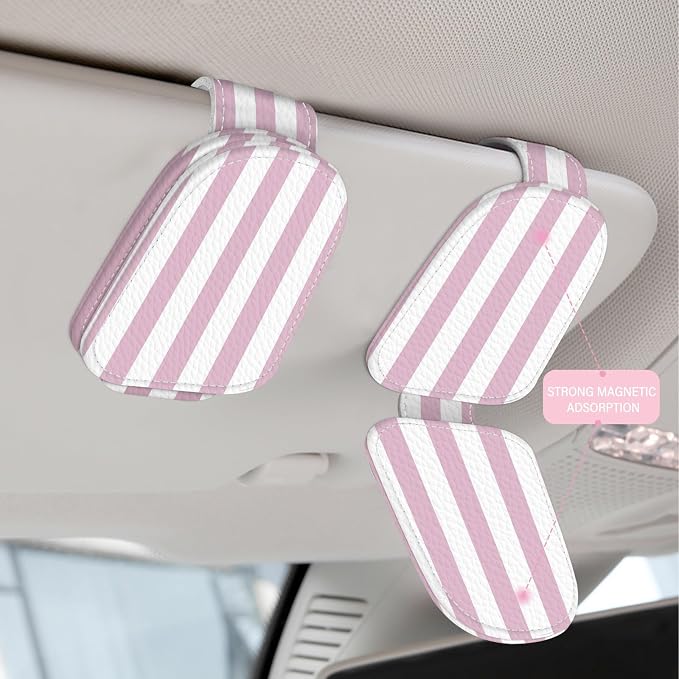 2 Pack Magnetic Leather Sunglass Holder, Universal Magnetic Car Eyeglass Hanger Clip for Different Size Eyeglasses, Car Visor Accessories (Pink Stripes) - Image 3