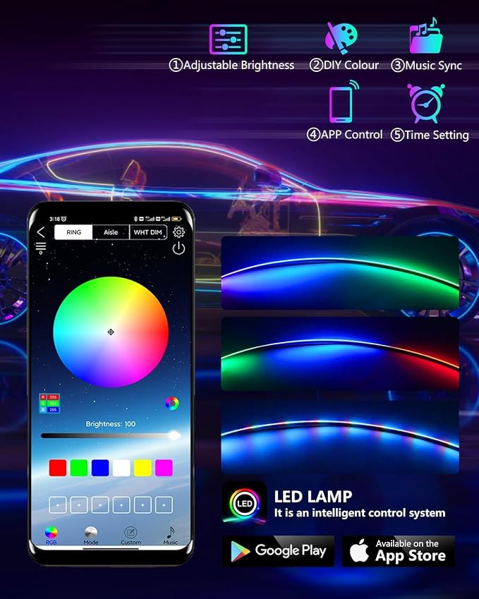 Acrylic LED Lights for Car, 43.3in RGB Interior Light Strip, 146 LEDs | USB Port, APP Control, Music Sync and Color Changing RGB Ambient Lighting for Car Interior, Gifts for Women and Men - Image 3